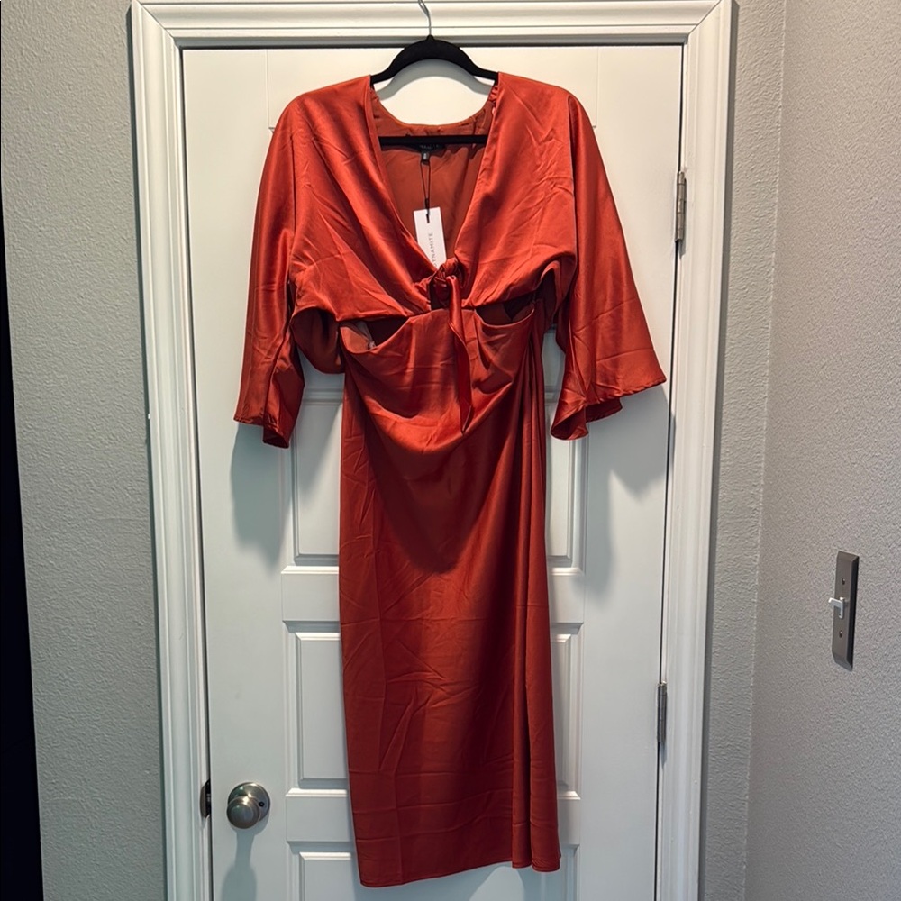 Dynamite Satin Orange Sheath Dress with Plunge Neckline